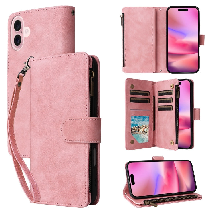 For iPhone 16 Plus Crossbody Multi-card Slot Wallet Zipper Leather Phone Case(Pink) by buy2fix