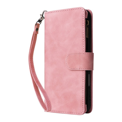 For iPhone 16 Plus Crossbody Multi-card Slot Wallet Zipper Leather Phone Case(Pink) by buy2fix