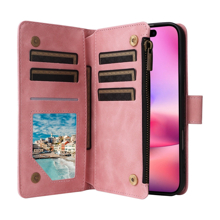 For iPhone 16 Plus Crossbody Multi-card Slot Wallet Zipper Leather Phone Case(Pink) by buy2fix