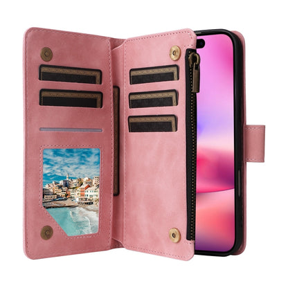 For iPhone 16 Plus Crossbody Multi-card Slot Wallet Zipper Leather Phone Case(Pink) by buy2fix