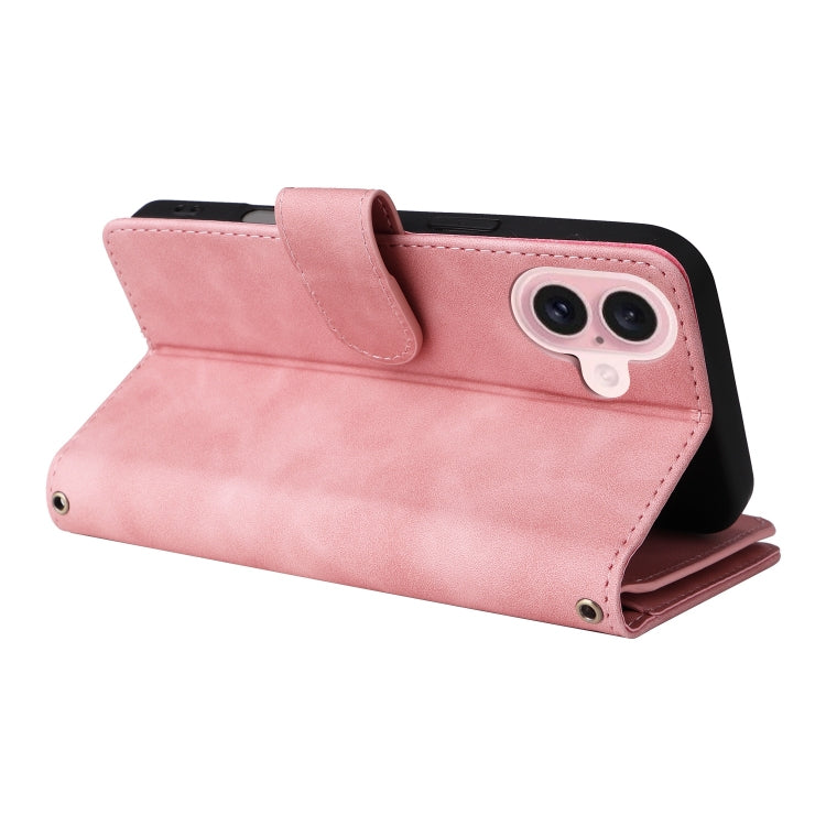 For iPhone 16 Plus Crossbody Multi-card Slot Wallet Zipper Leather Phone Case(Pink) by buy2fix