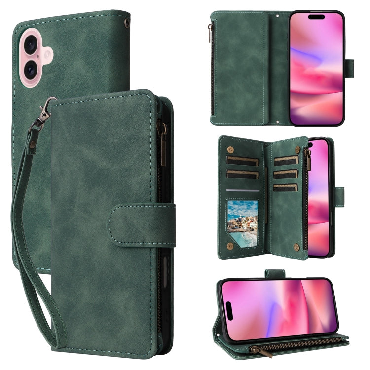 For iPhone 16 Plus Crossbody Multi-card Slot Wallet Zipper Leather Phone Case(Green) - iPhone 16 Plus Cases by buy2fix | Online Shopping UK | buy2fix