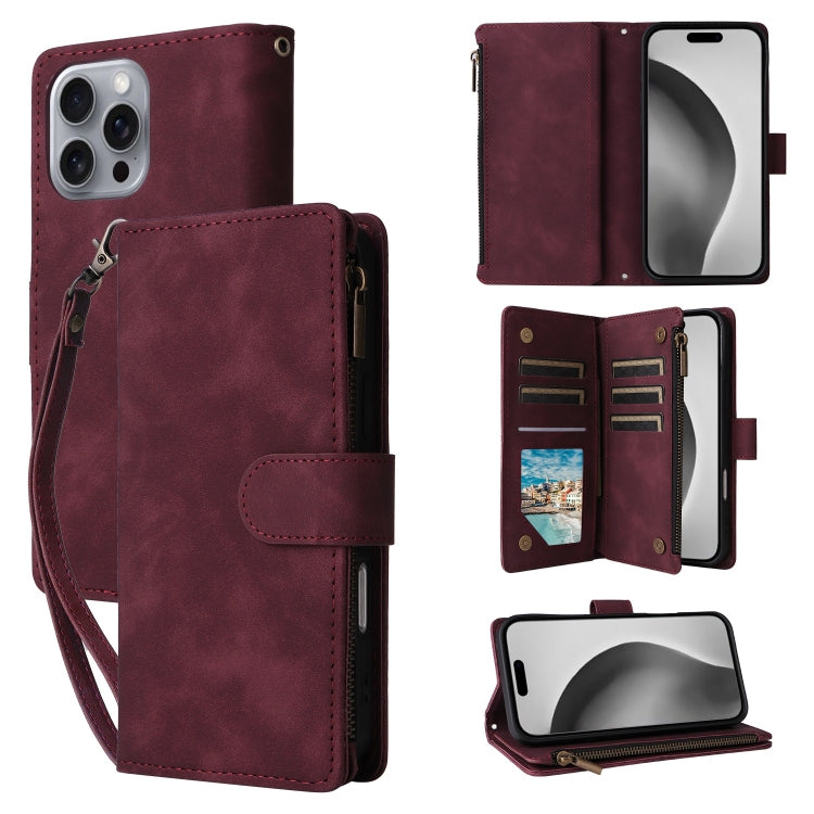 For iPhone 16 Pro Crossbody Multi-card Slot Wallet Zipper Leather Phone Case(Wine Red) by buy2fix