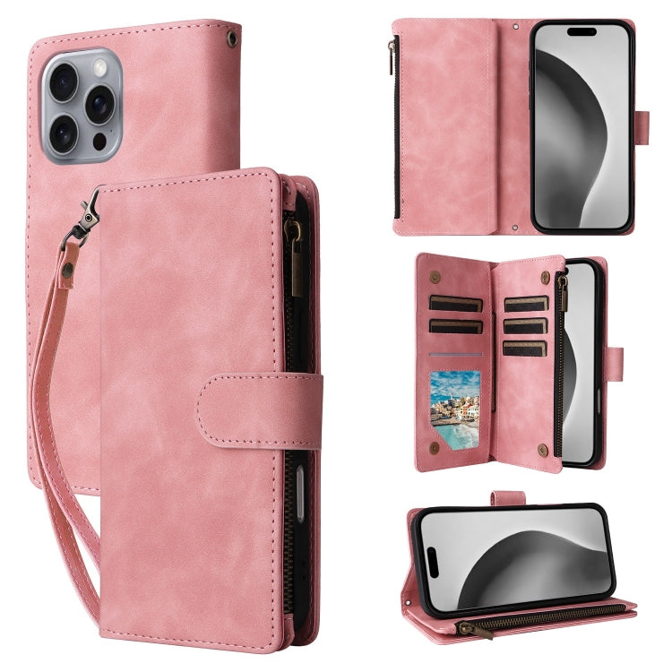 For iPhone 16 Pro Crossbody Multi-card Slot Wallet Zipper Leather Phone Case(Pink) by buy2fix