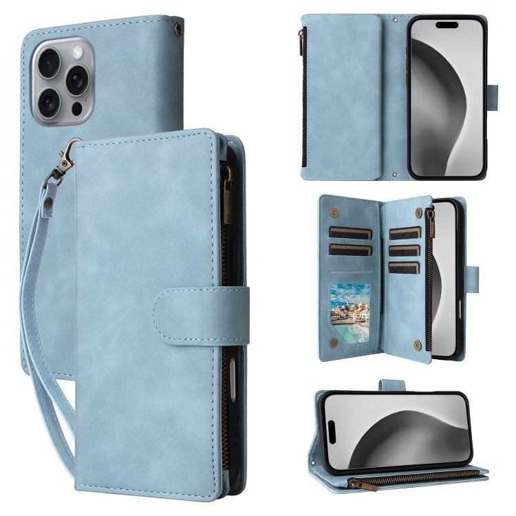 For iPhone 16 Pro Crossbody Multi-card Slot Wallet Zipper Leather Phone Case(Light Blue) by buy2fix