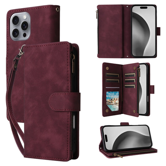 For iPhone 16 Pro Max Crossbody Multi-card Slot Wallet Zipper Leather Phone Case(Wine Red) - iPhone 16 Pro Max Cases by buy2fix | Online Shopping UK | buy2fix