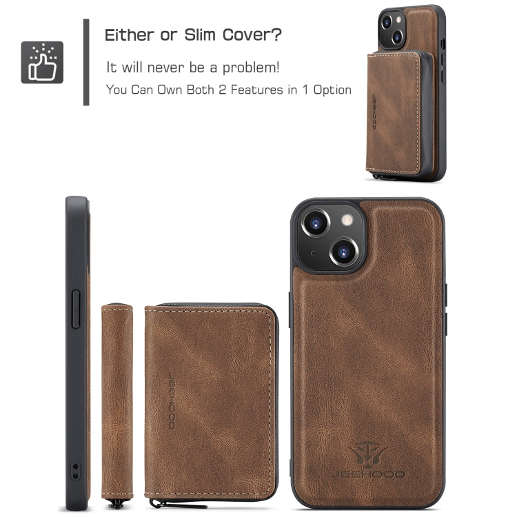For iPhone 15 JEEHOOD Magnetic Zipper Wallet Leather Phone Case(Brown) - iPhone 15 Cases by JEEHOOD | Online Shopping UK | buy2fix