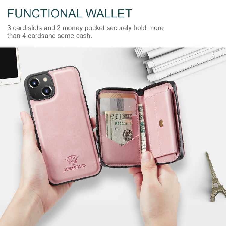 For iPhone 15 JEEHOOD Magnetic Zipper Wallet Leather Phone Case(Pink) - iPhone 15 Cases by JEEHOOD | Online Shopping UK | buy2fix