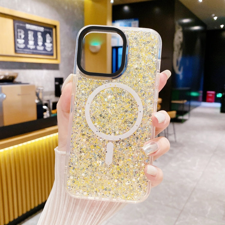 For iPhone 15 Gold Armor MagSafe Glitter Epoxy Phone Case(Yellow) - iPhone 15 Cases by buy2fix | Online Shopping UK | buy2fix