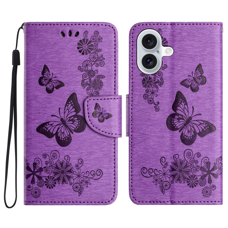 For iPhone 16 Butterfly Embossed Flip Leather Phone Case(Purple) - iPhone 16 Cases by buy2fix | Online Shopping UK | buy2fix