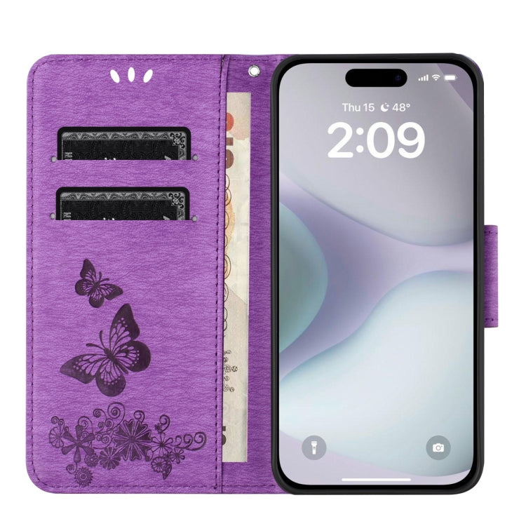 For iPhone 16 Butterfly Embossed Flip Leather Phone Case(Purple) - iPhone 16 Cases by buy2fix | Online Shopping UK | buy2fix