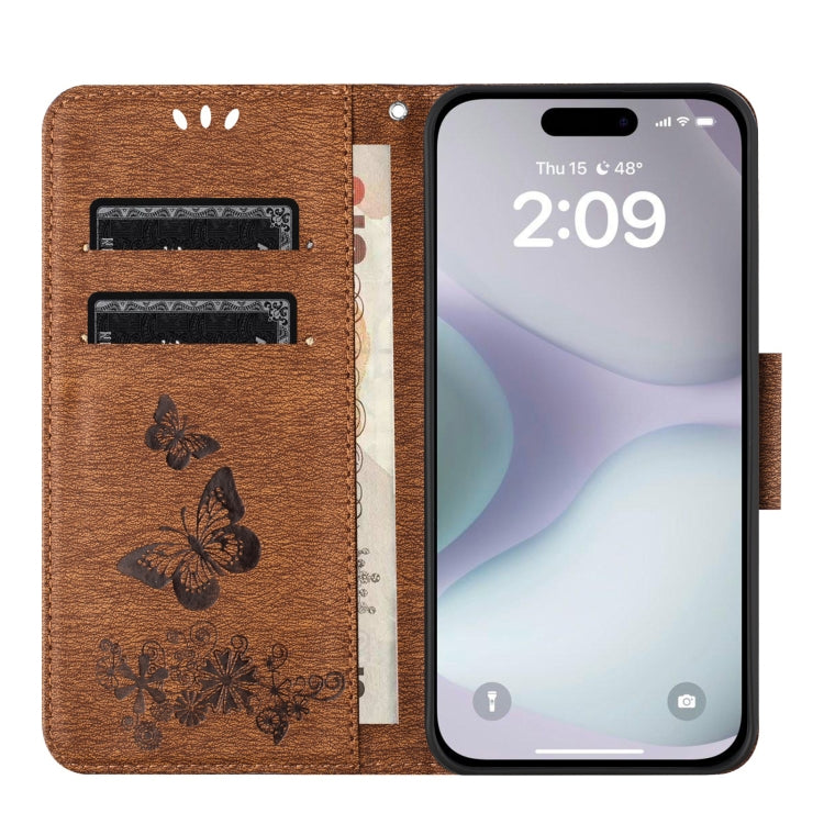 For iPhone 16 Butterfly Embossed Flip Leather Phone Case(Brown) - iPhone 16 Cases by buy2fix | Online Shopping UK | buy2fix