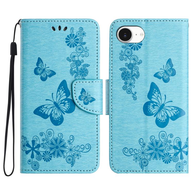 For iPhone 16e Butterfly Embossed Flip Leather Phone Case(Blue) - iPhone 16e Cases by buy2fix | Online Shopping UK | buy2fix