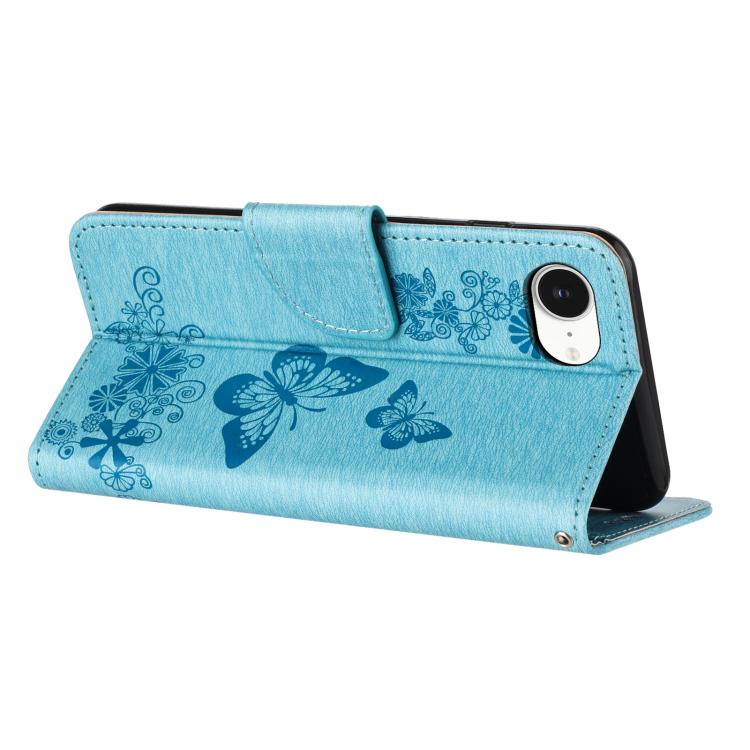 For iPhone 16e Butterfly Embossed Flip Leather Phone Case(Blue) - iPhone 16e Cases by buy2fix | Online Shopping UK | buy2fix