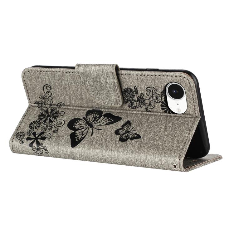 For iPhone 16e Butterfly Embossed Flip Leather Phone Case(Grey) - iPhone 16e Cases by buy2fix | Online Shopping UK | buy2fix