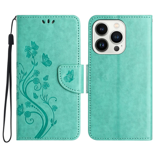 For iPhone 16 Pro Butterfly Flower Pattern Flip Leather Phone Case(Green) - iPhone 16 Pro Cases by buy2fix | Online Shopping UK | buy2fix