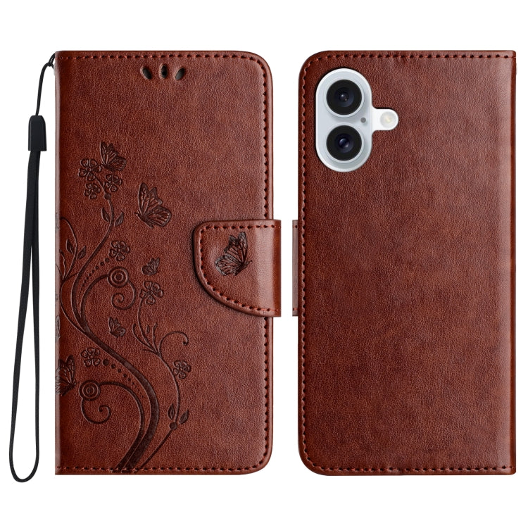 For iPhone 16 Plus Butterfly Flower Pattern Flip Leather Phone Case(Brown) - iPhone 16 Plus Cases by buy2fix | Online Shopping UK | buy2fix