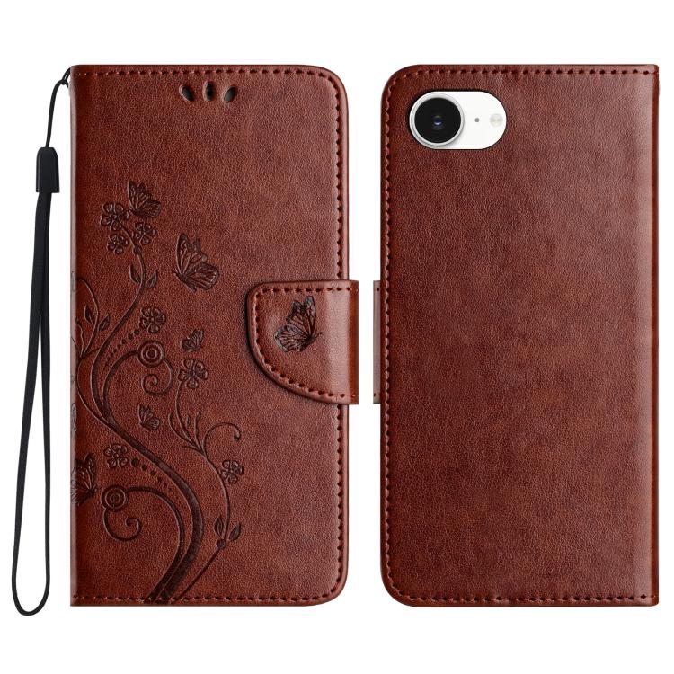 For iPhone 16e Butterfly Flower Pattern Flip Leather Phone Case(Brown) - iPhone 16e Cases by buy2fix | Online Shopping UK | buy2fix