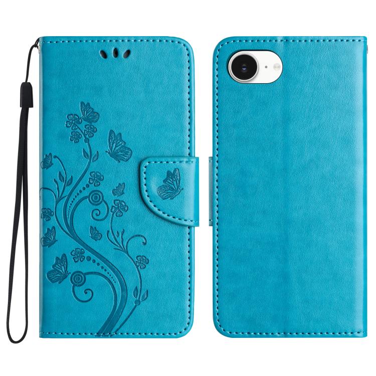 For iPhone 16e Butterfly Flower Pattern Flip Leather Phone Case(Blue) - iPhone 16e Cases by buy2fix | Online Shopping UK | buy2fix