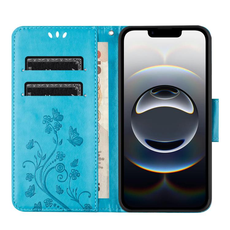 For iPhone 16e Butterfly Flower Pattern Flip Leather Phone Case(Blue) - iPhone 16e Cases by buy2fix | Online Shopping UK | buy2fix