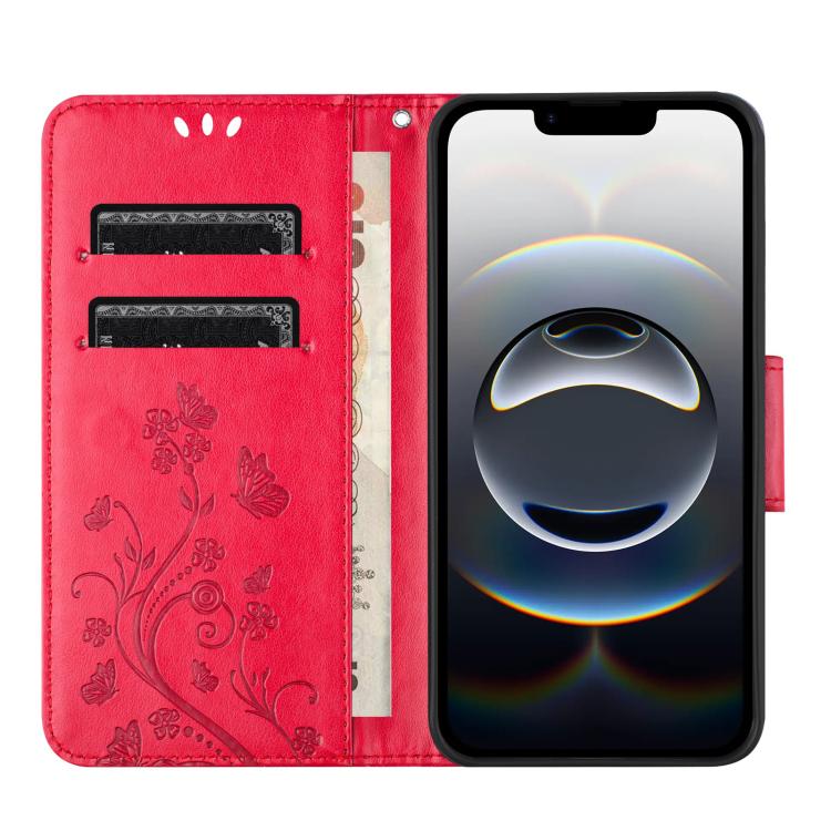 For iPhone 16e Butterfly Flower Pattern Flip Leather Phone Case(Red) - iPhone 16e Cases by buy2fix | Online Shopping UK | buy2fix