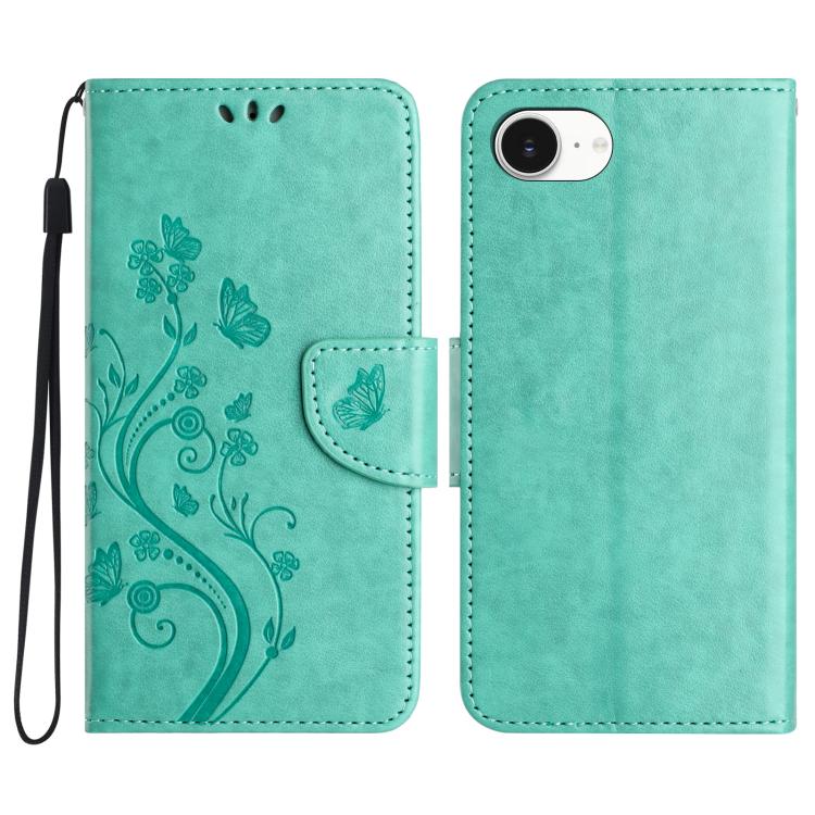 For iPhone 16e Butterfly Flower Pattern Flip Leather Phone Case(Green) - iPhone 16e Cases by buy2fix | Online Shopping UK | buy2fix