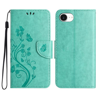 For iPhone 16e Butterfly Flower Pattern Flip Leather Phone Case(Green) - iPhone 16e Cases by buy2fix | Online Shopping UK | buy2fix