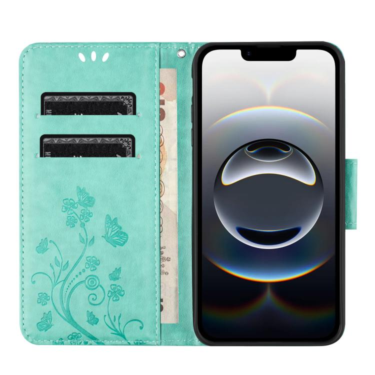 For iPhone 16e Butterfly Flower Pattern Flip Leather Phone Case(Green) - iPhone 16e Cases by buy2fix | Online Shopping UK | buy2fix