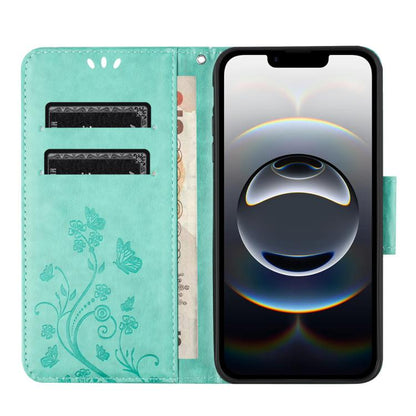 For iPhone 16e Butterfly Flower Pattern Flip Leather Phone Case(Green) - iPhone 16e Cases by buy2fix | Online Shopping UK | buy2fix