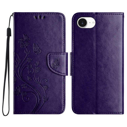 For iPhone 16e Butterfly Flower Pattern Flip Leather Phone Case(Dark Purple) - iPhone 16e Cases by buy2fix | Online Shopping UK | buy2fix