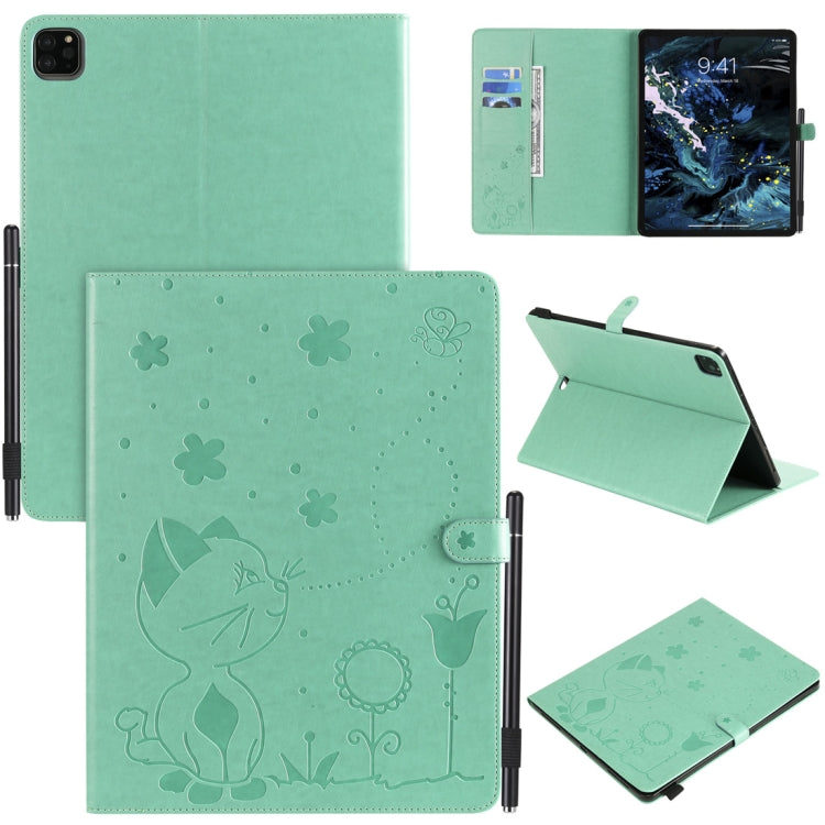 For iPad Pro 12.9 (2020) & (2018) Cat Bee Embossing Pattern Horizontal Flip Leather Tablet Case with Holder & Card Slots & Wallet & Pen Slot(Green) - iPad Pro 12.9 (2020) Cases by buy2fix | Online Shopping UK | buy2fix
