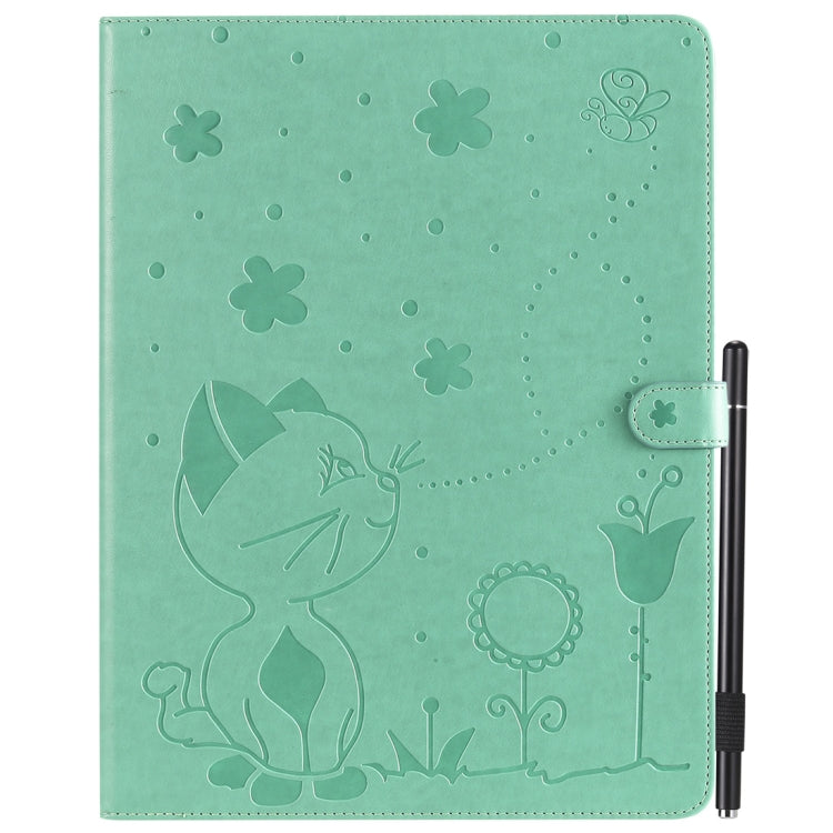 For iPad Pro 12.9 (2020) & (2018) Cat Bee Embossing Pattern Horizontal Flip Leather Tablet Case with Holder & Card Slots & Wallet & Pen Slot(Green) - iPad Pro 12.9 (2020) Cases by buy2fix | Online Shopping UK | buy2fix
