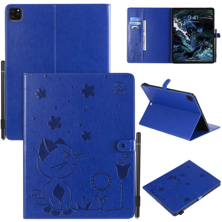 For iPad Pro 12.9 (2020) & (2018) Cat Bee Embossing Pattern Horizontal Flip Leather Tablet Case with Holder & Card Slots & Wallet & Pen Slot(Blue) - iPad Pro 12.9 (2020) Cases by buy2fix | Online Shopping UK | buy2fix