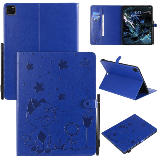 For iPad Pro 12.9 (2020) & (2018) Cat Bee Embossing Pattern Horizontal Flip Leather Tablet Case with Holder & Card Slots & Wallet & Pen Slot(Blue) - iPad Pro 12.9 (2020) Cases by buy2fix | Online Shopping UK | buy2fix