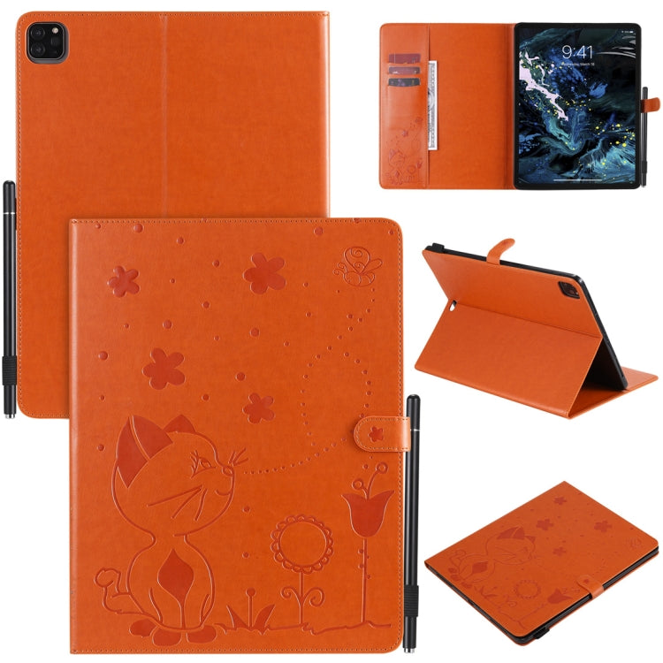 For iPad Pro 12.9 (2020) & (2018) Cat Bee Embossing Pattern Horizontal Flip Leather Tablet Case with Holder & Card Slots & Wallet & Pen Slot(Orange) - iPad Pro 12.9 (2020) Cases by buy2fix | Online Shopping UK | buy2fix