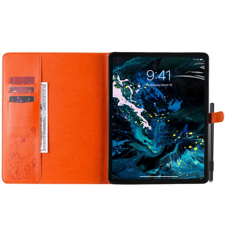 For iPad Pro 12.9 (2020) & (2018) Cat Bee Embossing Pattern Horizontal Flip Leather Tablet Case with Holder & Card Slots & Wallet & Pen Slot(Orange) - iPad Pro 12.9 (2020) Cases by buy2fix | Online Shopping UK | buy2fix
