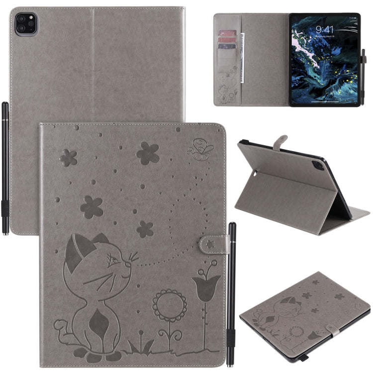 For iPad Pro 12.9 (2020) & (2018) Cat Bee Embossing Pattern Horizontal Flip Leather Tablet Case with Holder & Card Slots & Wallet & Pen Slot(Grey) - iPad Pro 12.9 (2020) Cases by buy2fix | Online Shopping UK | buy2fix