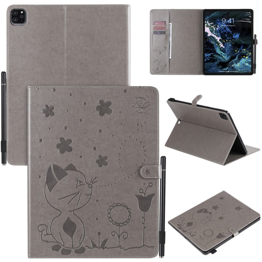 For iPad Pro 12.9 (2020) & (2018) Cat Bee Embossing Pattern Horizontal Flip Leather Tablet Case with Holder & Card Slots & Wallet & Pen Slot(Grey) - iPad Pro 12.9 (2020) Cases by buy2fix | Online Shopping UK | buy2fix