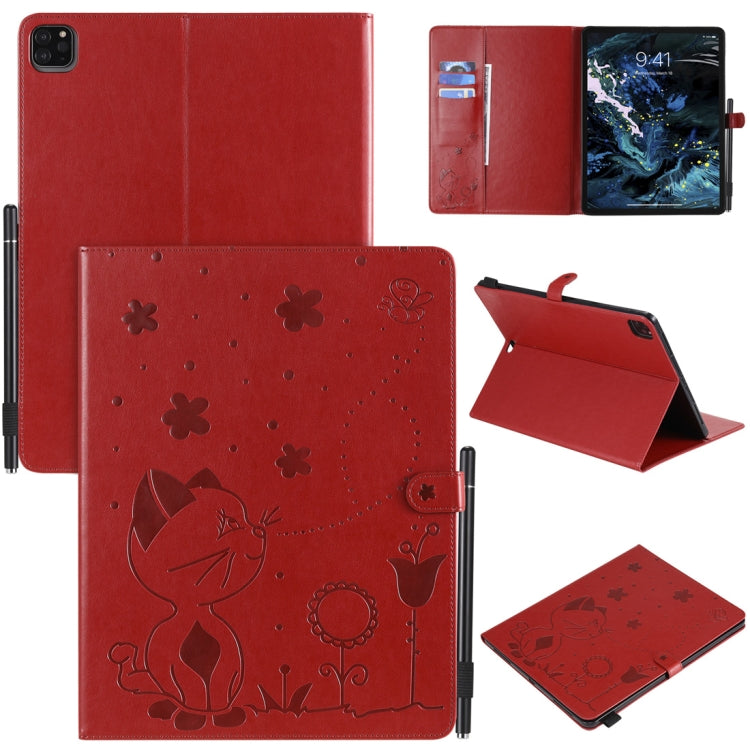 For iPad Pro 12.9 (2020) & (2018) Cat Bee Embossing Pattern Horizontal Flip Leather Tablet Case with Holder & Card Slots & Wallet & Pen Slot(Red) - iPad Pro 12.9 (2020) Cases by buy2fix | Online Shopping UK | buy2fix
