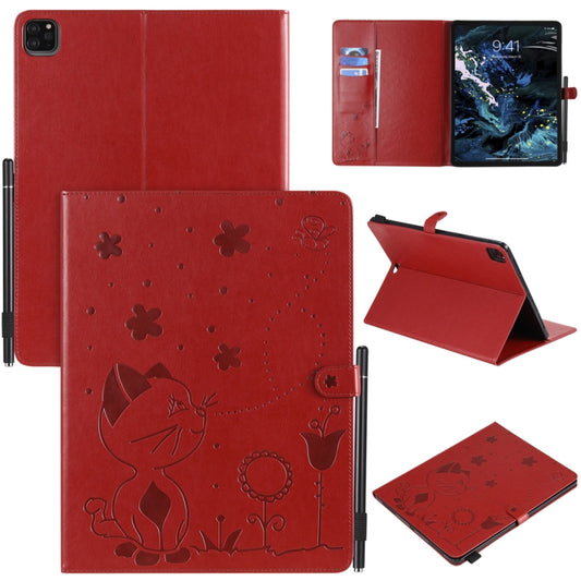 For iPad Pro 12.9 (2020) & (2018) Cat Bee Embossing Pattern Horizontal Flip Leather Tablet Case with Holder & Card Slots & Wallet & Pen Slot(Red) - iPad Pro 12.9 (2020) Cases by buy2fix | Online Shopping UK | buy2fix