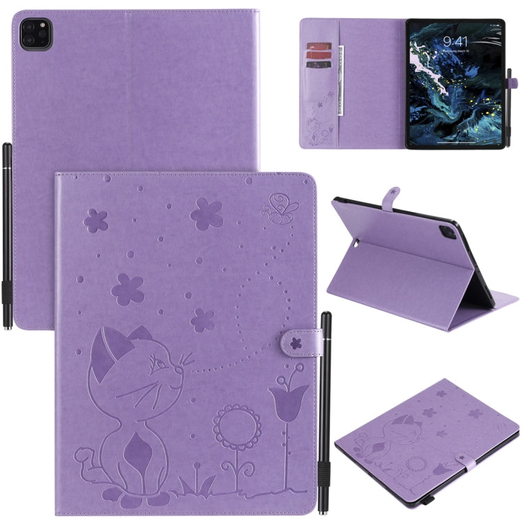 For iPad Pro 12.9 (2020) & (2018) Cat Bee Embossing Pattern Horizontal Flip Leather Tablet Case with Holder & Card Slots & Wallet & Pen Slot(Purple) - iPad Pro 12.9 (2020) Cases by buy2fix | Online Shopping UK | buy2fix
