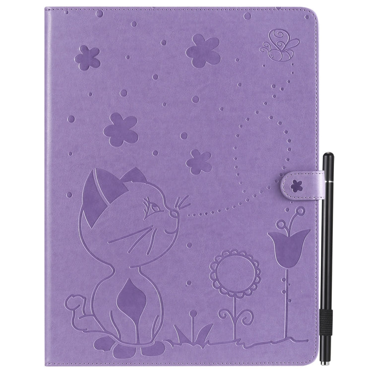 For iPad Pro 12.9 (2020) & (2018) Cat Bee Embossing Pattern Horizontal Flip Leather Tablet Case with Holder & Card Slots & Wallet & Pen Slot(Purple) - iPad Pro 12.9 (2020) Cases by buy2fix | Online Shopping UK | buy2fix