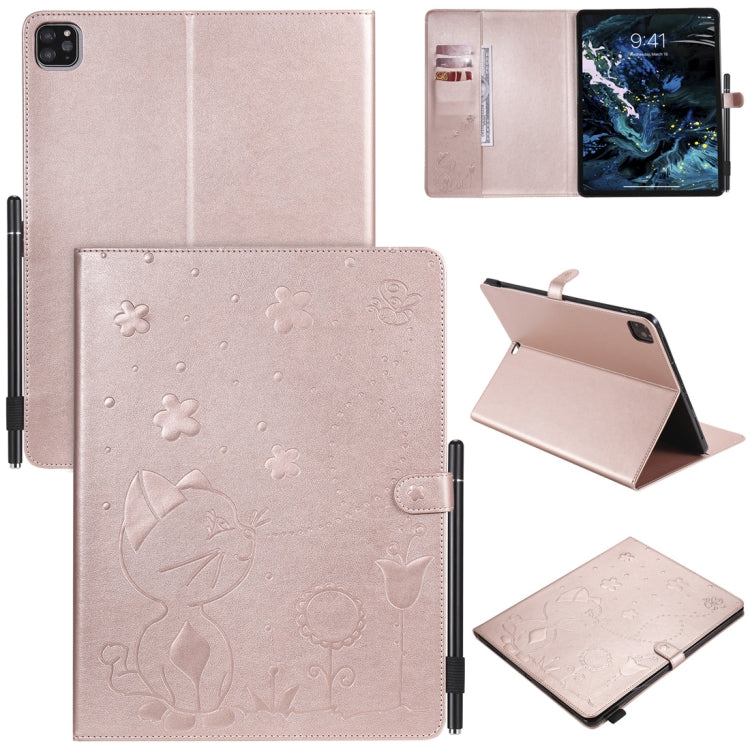 For iPad Pro 12.9 (2020) & (2018) Cat Bee Embossing Pattern Horizontal Flip Leather Tablet Case with Holder & Card Slots & Wallet & Pen Slot(Rose Gold) - iPad Pro 12.9 (2020) Cases by buy2fix | Online Shopping UK | buy2fix