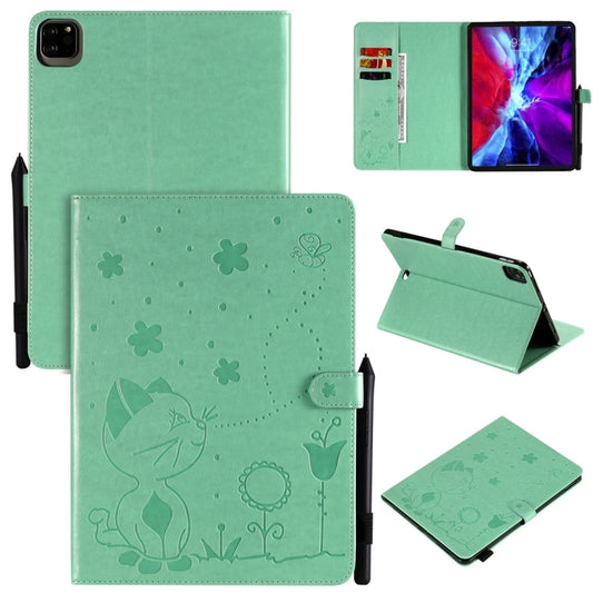 For iPad Pro 11 (2020) & (2018) Cat Bee Embossing Pattern Horizontal Flip Leather Tablet Case with Holder & Card Slots & Wallet & Pen Slot & Wake-up / Sleep Function(Green) - iPad Pro 11 (2020) Cases by buy2fix | Online Shopping UK | buy2fix