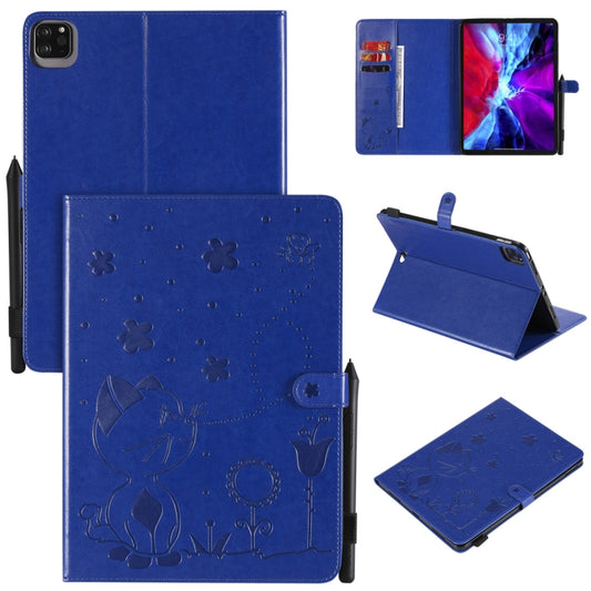 For iPad Pro 11 (2020) & (2018) Cat Bee Embossing Pattern Horizontal Flip Leather Tablet Case with Holder & Card Slots & Wallet & Pen Slot & Wake-up / Sleep Function(Blue) - iPad Pro 11 (2020) Cases by buy2fix | Online Shopping UK | buy2fix