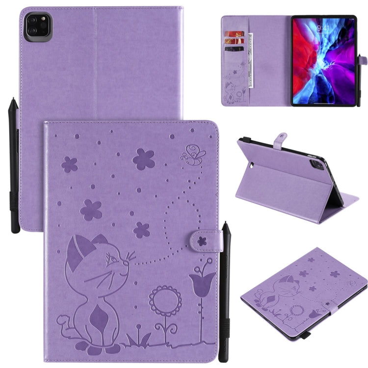 For iPad Pro 11 (2020) & (2018) Cat Bee Embossing Pattern Horizontal Flip Leather Tablet Case with Holder & Card Slots & Wallet & Pen Slot & Wake-up / Sleep Function(Purple) - iPad Pro 11 (2020) Cases by buy2fix | Online Shopping UK | buy2fix