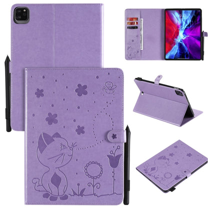 For iPad Pro 11 (2020) & (2018) Cat Bee Embossing Pattern Horizontal Flip Leather Tablet Case with Holder & Card Slots & Wallet & Pen Slot & Wake-up / Sleep Function(Purple) - iPad Pro 11 (2020) Cases by buy2fix | Online Shopping UK | buy2fix