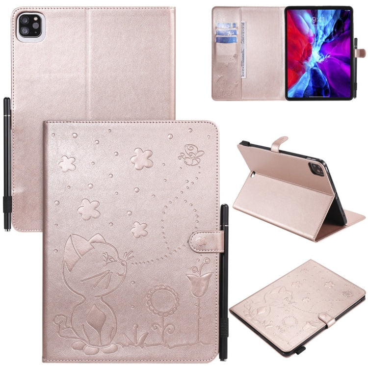For iPad Pro 11 (2020) & (2018) Cat Bee Embossing Pattern Horizontal Flip Leather Tablet Case with Holder & Card Slots & Wallet & Pen Slot & Wake-up / Sleep Function(Rose Gold) - iPad Pro 11 (2020) Cases by buy2fix | Online Shopping UK | buy2fix