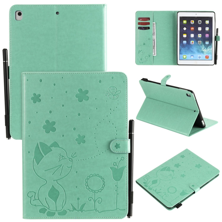 For iPad Air 2 / Air / 9.7 (2018) & (2017) Cat Bee Embossing Pattern Horizontal Flip Leather Case with Holder & Card Slots & Wallet & Pen Slot & Wake-up / Sleep Function(Green) - iPad 9.7 (2018) & (2017) Cases by buy2fix | Online Shopping UK | buy2fix