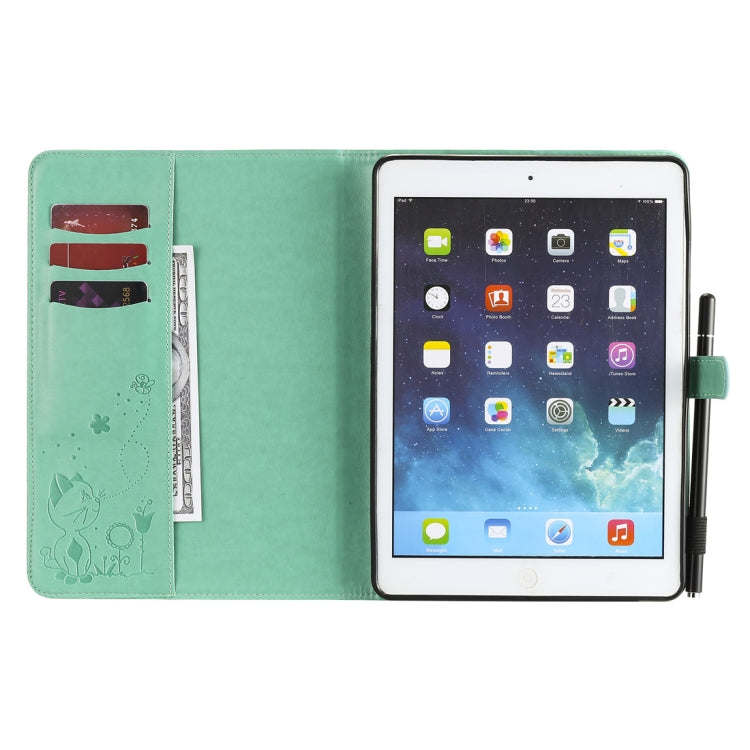 For iPad Air 2 / Air / 9.7 (2018) & (2017) Cat Bee Embossing Pattern Horizontal Flip Leather Case with Holder & Card Slots & Wallet & Pen Slot & Wake-up / Sleep Function(Green) - iPad 9.7 (2018) & (2017) Cases by buy2fix | Online Shopping UK | buy2fix